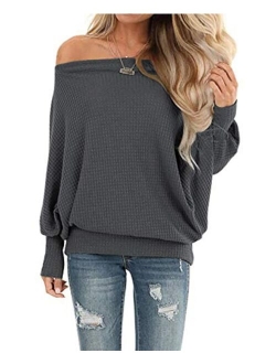 LACOZY Womens Waffle Knit Off The Shoulder Tops Oversized Long Sleeve Tunic Shirts Pullover Sweaters