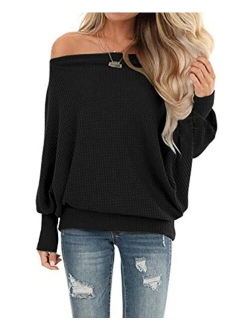 LACOZY Womens Waffle Knit Off The Shoulder Tops Oversized Long Sleeve Tunic Shirts Pullover Sweaters