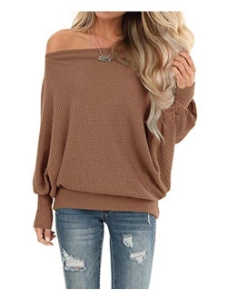 LACOZY Womens Waffle Knit Off The Shoulder Tops Oversized Long Sleeve Tunic Shirts Pullover Sweaters