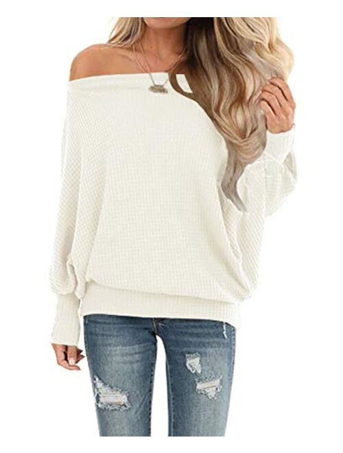 LACOZY Womens Waffle Knit Off The Shoulder Tops Oversized Long Sleeve Tunic Shirts Pullover Sweaters