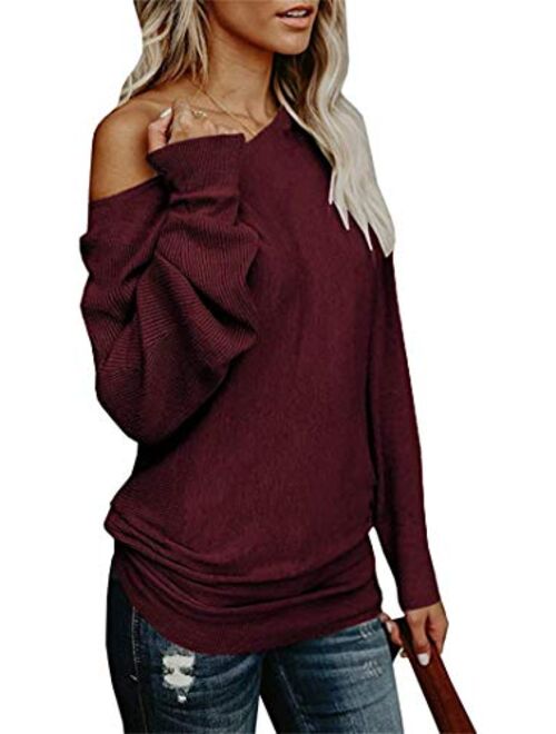 Umeko Womens Off The Shoulder Sweater Oversized Knit Long Sleeve Sweaters Tunic Tops