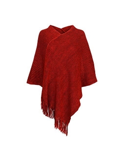 Womens Poncho Sweater V Neck Knitted Pullover Shawls Wraps Capes with Fringes Gifts for Women Mom