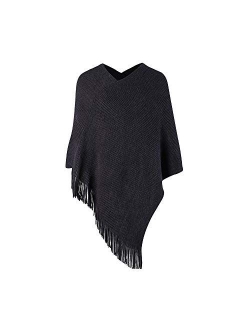 Womens Poncho Sweater V Neck Knitted Pullover Shawls Wraps Capes with Fringes Gifts for Women Mom