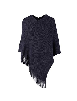 Womens Poncho Sweater V Neck Knitted Pullover Shawls Wraps Capes with Fringes Gifts for Women Mom