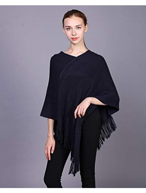 Womens Poncho Sweater V Neck Knitted Pullover Shawls Wraps Capes with Fringes Gifts for Women Mom