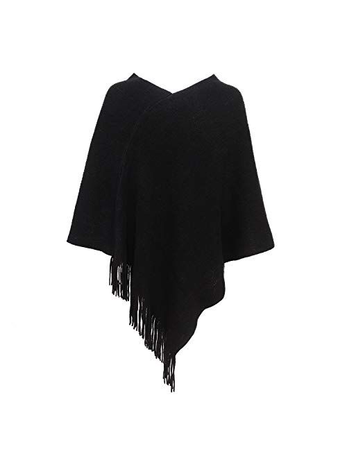 Womens Poncho Sweater V Neck Knitted Pullover Shawls Wraps Capes with Fringes Gifts for Women Mom