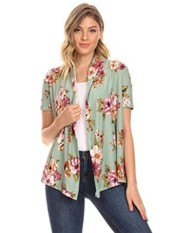 Women's Solid & Printed Short Sleeves Open Front Draped Cardigan/Made in USA