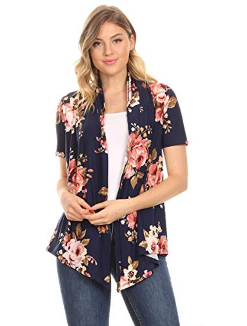 Women's Solid & Printed Short Sleeves Open Front Draped Cardigan/Made in USA