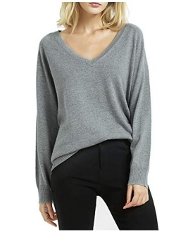 Kallspin Women's Cashmere Blended Sweater Deep V Neck Long Sleeve Pullover Office Sweaters for Fall Winter