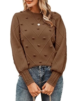 Miessial Women's Crew Neck Lantern Sleeve Sweater Pullover Elegant Knit Jumper Top