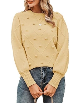 Miessial Women's Crew Neck Lantern Sleeve Sweater Pullover Elegant Knit Jumper Top