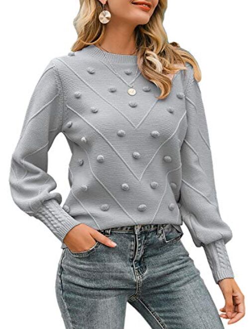 Miessial Women's Crew Neck Lantern Sleeve Sweater Pullover Elegant Knit Jumper Top