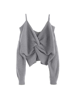Women's V-Neck Criss Cross Twisted Back Pullover Knitted Sweater Jumper Crop Tops