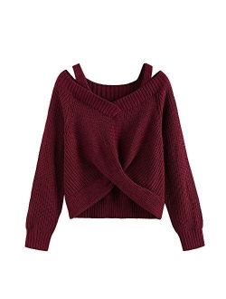 Women's V-Neck Criss Cross Twisted Back Pullover Knitted Sweater Jumper Crop Tops