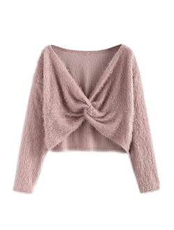 Women's V-Neck Criss Cross Twisted Back Pullover Knitted Sweater Jumper Crop Tops