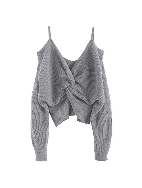 ZAFUL Women's V-Neck Criss Cross Twisted Back Pullover Knitted Sweater Jumper Crop Tops