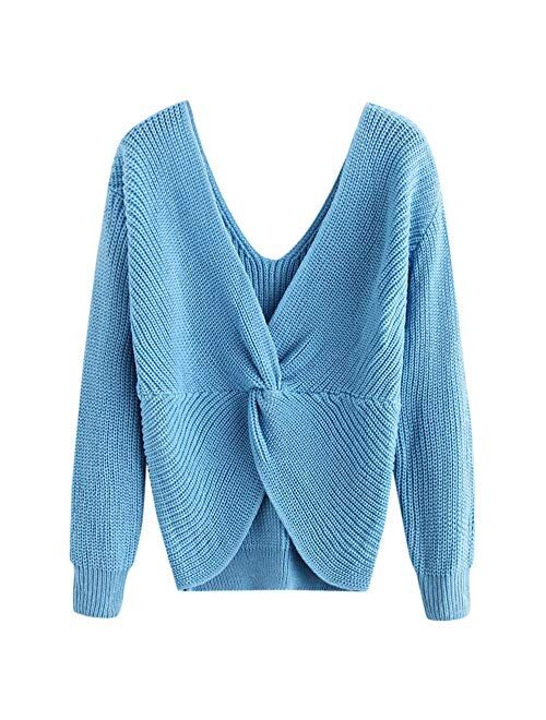 ZAFUL Women's V-Neck Criss Cross Twisted Back Pullover Knitted Sweater Jumper Crop Tops