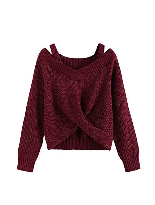 ZAFUL Women's V-Neck Criss Cross Twisted Back Pullover Knitted Sweater Jumper Crop Tops