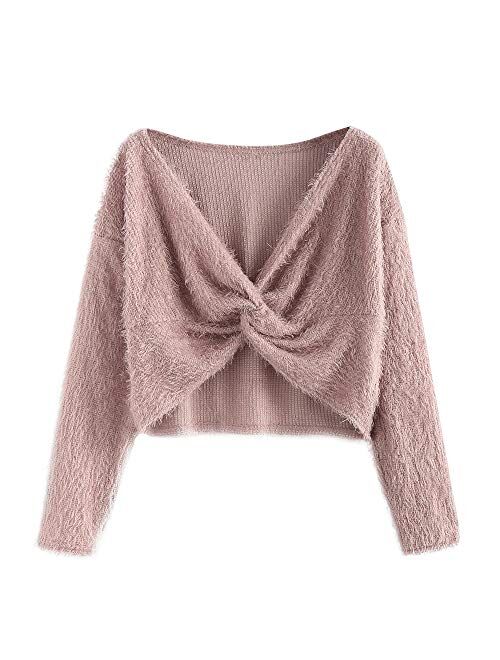 ZAFUL Women's V-Neck Criss Cross Twisted Back Pullover Knitted Sweater Jumper Crop Tops