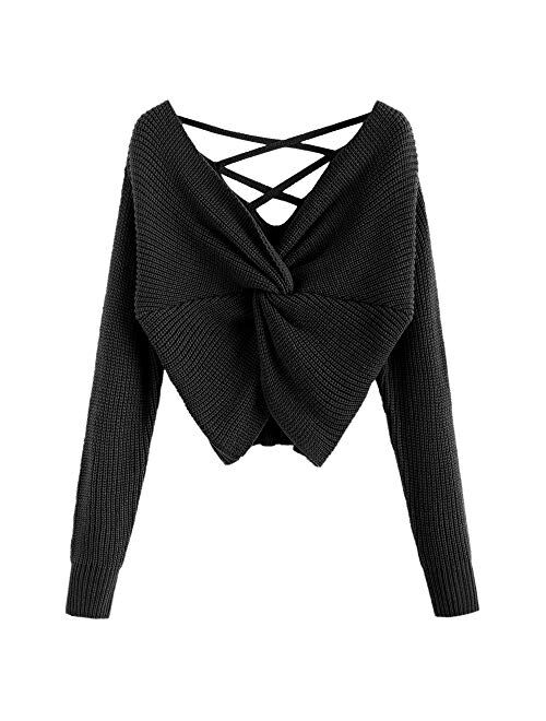 ZAFUL Women's V-Neck Criss Cross Twisted Back Pullover Knitted Sweater Jumper Crop Tops