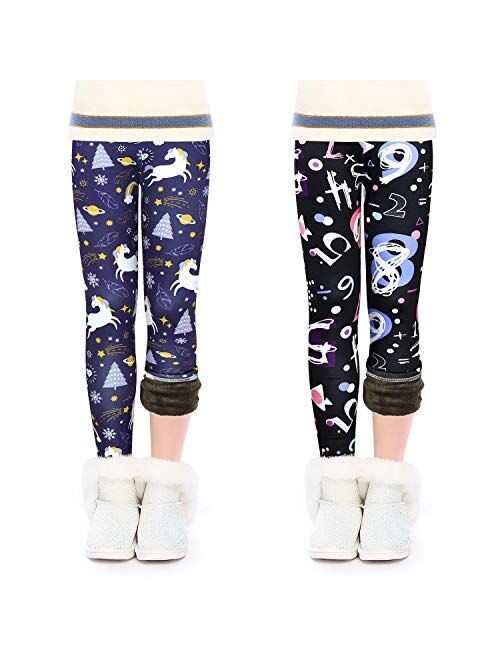 slaixiu Warm Girls Leggings Fleece Lined Winter Thick Printing Kids Pants