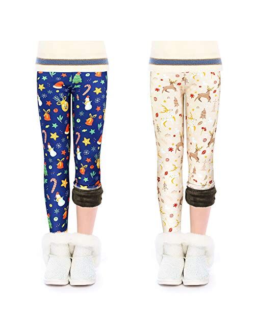 slaixiu Warm Girls Leggings Fleece Lined Winter Thick Printing Kids Pants