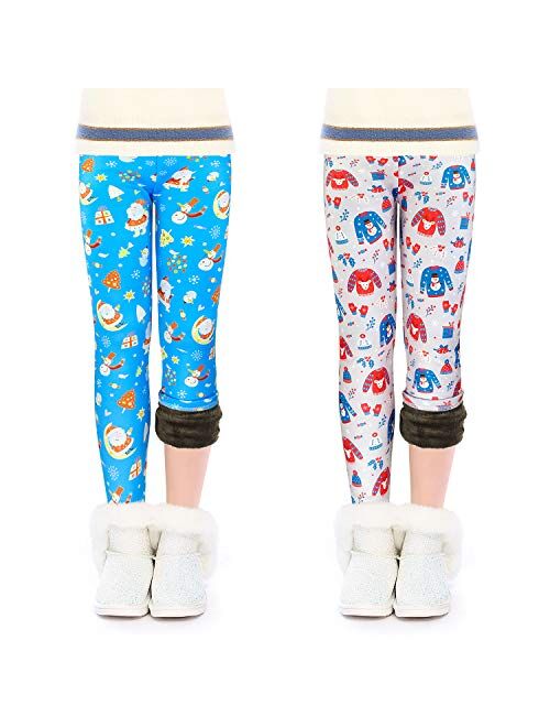 slaixiu Warm Girls Leggings Fleece Lined Winter Thick Printing Kids Pants