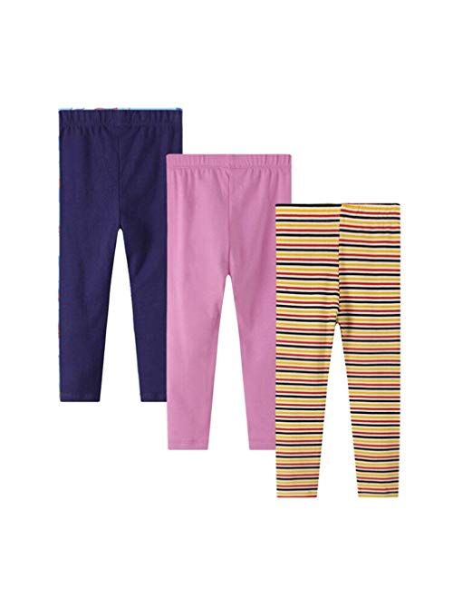 Girls Leggings 3-Pack Set Cotton Casual Solid Stripe Stretch Tights Pants