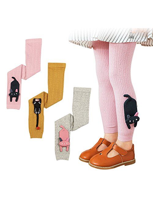 BOOPH 3 Pack Girls Legging Pants Cat Knit Footless Baby Toddler Tights 1-8 Year