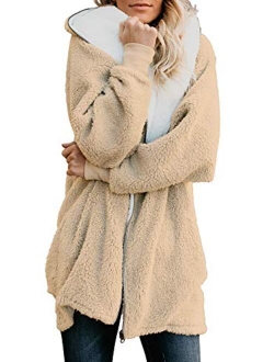 ReachMe Women's Oversized Full Zip Up Sherpa Hoodie Fleece Jacket with Pockets