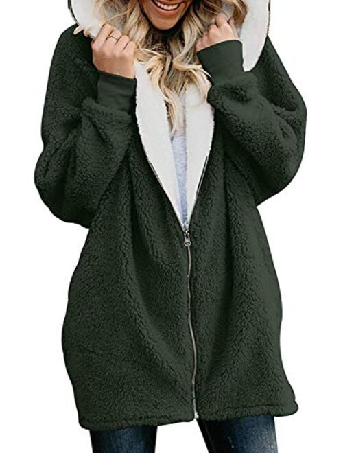 ReachMe Women's Oversized Full Zip Up Sherpa Hoodie Fleece Jacket with Pockets