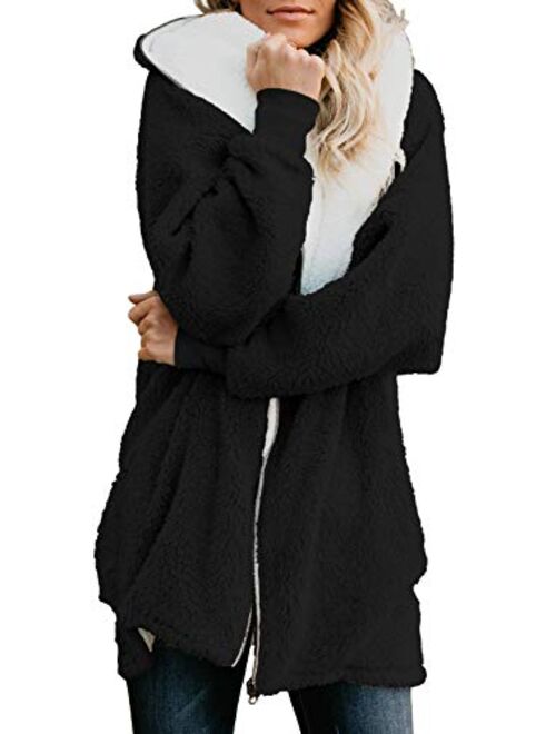 ReachMe Women's Oversized Full Zip Up Sherpa Hoodie Fleece Jacket with Pockets