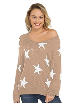 Pink Queen Womens Loose Star Sweater Long Batwing Sleeve V Neck Knitted Pullover Tops