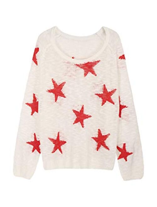 Pink Queen Womens Loose Star Sweater Long Batwing Sleeve V Neck Knitted Pullover Tops