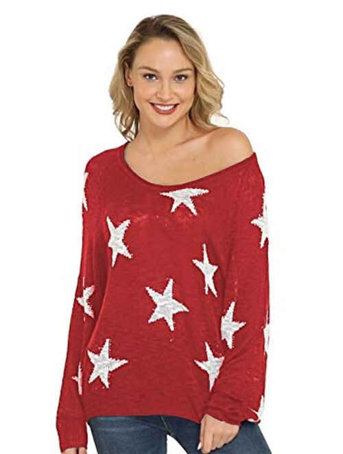 Pink Queen Womens Loose Star Sweater Long Batwing Sleeve V Neck Knitted Pullover Tops