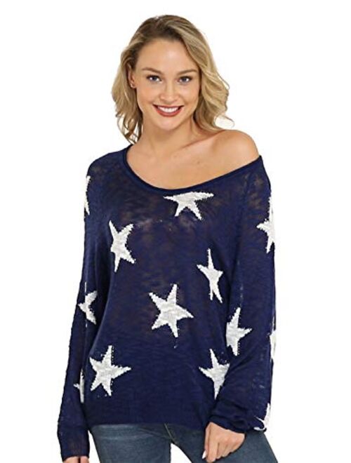 Pink Queen Womens Loose Star Sweater Long Batwing Sleeve V Neck Knitted Pullover Tops