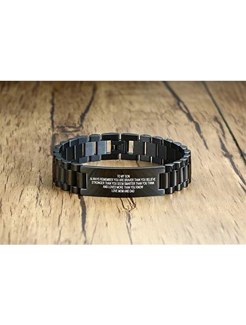 MEALGUET Stainless Steel to My Son Love Mom Courage Inpsirational Wristband Bracelets, Birthday Gifts to Son to Son,Son Bracelet from Mom and Dad,Love Son Gift