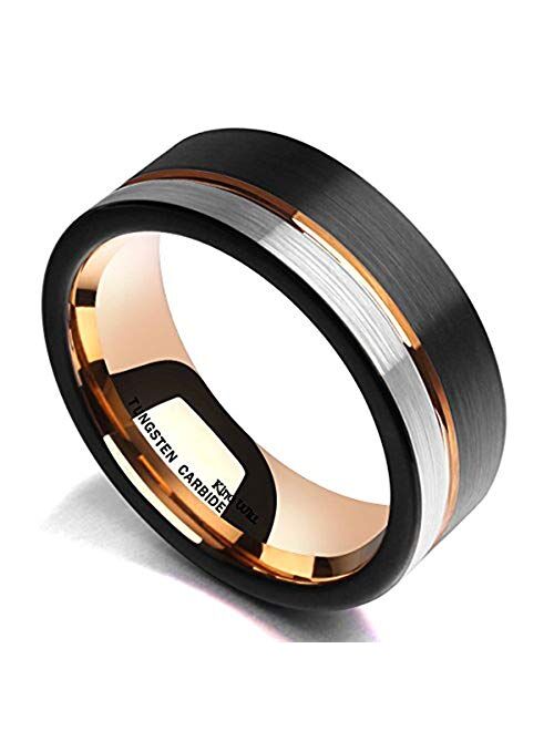 King Will LOOP Tungsten Carbide Wedding Band 6mm/8mm Rose Gold Line Ring Black and Silver Brushed Comfort Fit