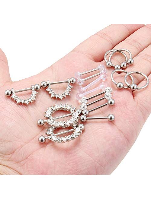 Cisyozi 8 Pairs 16G 14G Stainless Steel Screw Nipple Tongue Shield Ring Barbell Body Piercing Jewelry Retainer 9/16 Inch 14mm