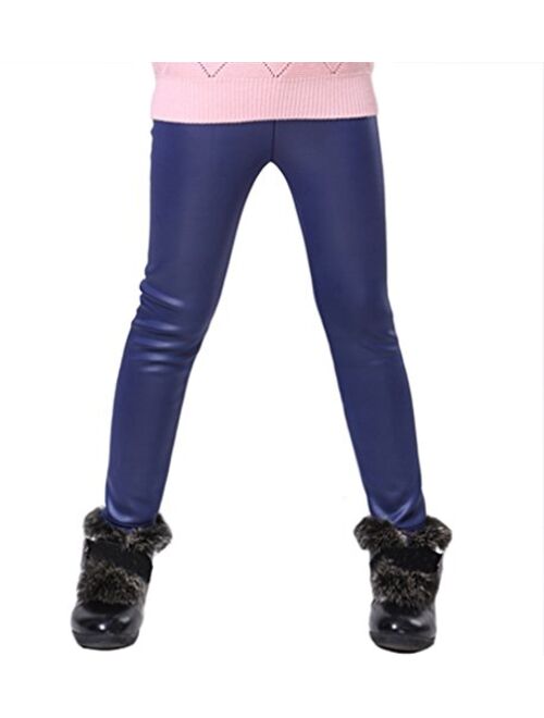 Swtddy Kids Winter Warm Leggings Stretch Girls Faux Leather Fleece Pants Thick Trousers