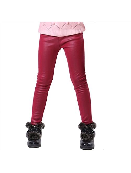 Swtddy Kids Winter Warm Leggings Stretch Girls Faux Leather Fleece Pants Thick Trousers