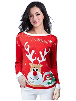 v28 Ugly Christmas Sweater for Women Reindeer Funny Merry Xmas Knit Sweaters