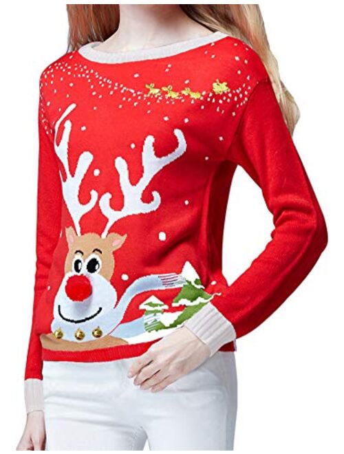 v28 Ugly Christmas Sweater for Women Reindeer Funny Merry Xmas Knit Sweaters