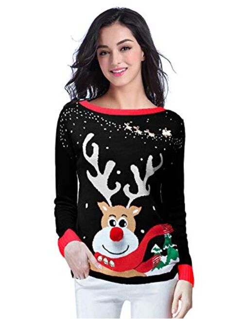 v28 Ugly Christmas Sweater for Women Reindeer Funny Merry Xmas Knit Sweaters