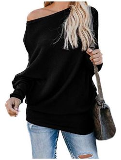 HZSONNE Women's Casual Bat Wing Sleeve Knitted One Shoulder Loose Pullovers Sweater Jumper Sweatershirt