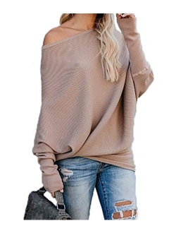 HZSONNE Women's Casual Bat Wing Sleeve Knitted One Shoulder Loose Pullovers Sweater Jumper Sweatershirt