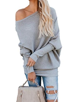 HZSONNE Women's Casual Bat Wing Sleeve Knitted One Shoulder Loose Pullovers Sweater Jumper Sweatershirt