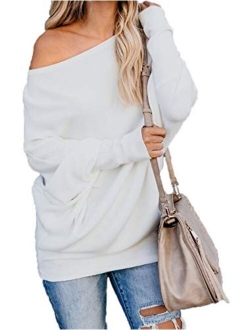 HZSONNE Women's Casual Bat Wing Sleeve Knitted One Shoulder Loose Pullovers Sweater Jumper Sweatershirt