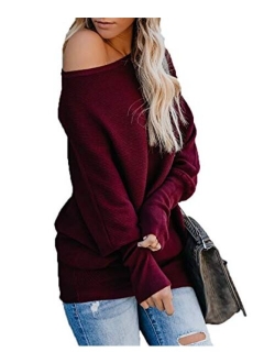 HZSONNE Women's Casual Bat Wing Sleeve Knitted One Shoulder Loose Pullovers Sweater Jumper Sweatershirt