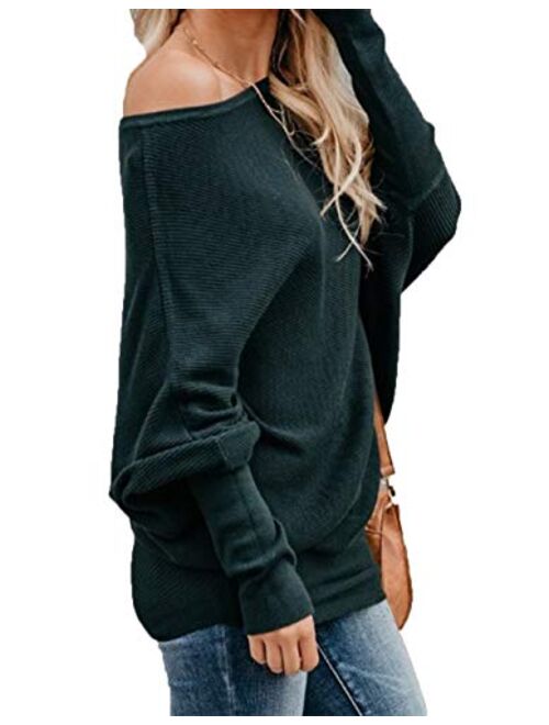 HZSONNE Women's Casual Bat Wing Sleeve Knitted One Shoulder Loose Pullovers Sweater Jumper Sweatershirt